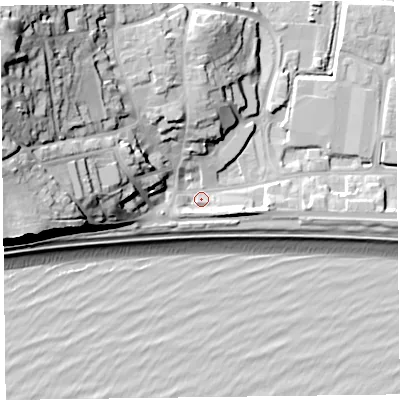 Shaded relief map of the ground around EX122LS, computed from Environment Agency LiDAR. The ground here sits at about 5 m above sea level and falls 40 m across the surrounding 800 m. Surface water reaching this point runs off ground lying to the north-west, 33.1 m higher.