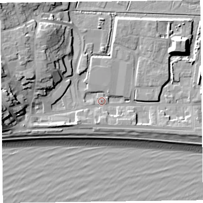 Shaded relief map of the ground around EX122LU, computed from Environment Agency LiDAR. The ground here sits at about 3 m above sea level and falls 20 m across the surrounding 800 m. Surface water reaching this point runs off ground lying to the south-west, 4.5 m higher.