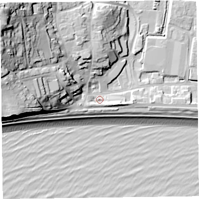 Shaded relief map of the ground around EX122LW, computed from Environment Agency LiDAR. The ground here sits at about 5 m above sea level and falls 40 m across the surrounding 800 m. Surface water reaching this point runs off ground lying to the north-west, 33.1 m higher.