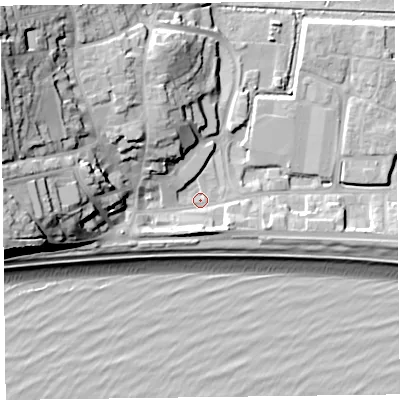 Shaded relief map of the ground around EX122LX, computed from Environment Agency LiDAR. The ground here sits at about 3 m above sea level and falls 32 m across the surrounding 800 m. Surface water reaching this point runs off ground lying to the west-north-west, 25.0 m higher.