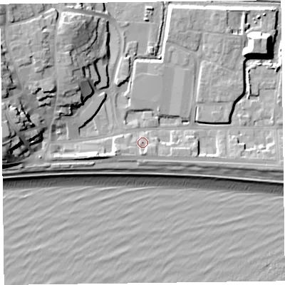 Shaded relief map of the ground around EX122LZ, computed from Environment Agency LiDAR. The ground here sits at about 5 m above sea level and falls 20 m across the surrounding 800 m. Surface water reaching this point runs off ground lying to the south, 3.0 m higher.