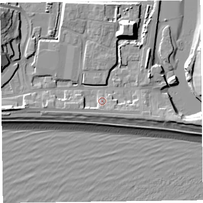 Shaded relief map of the ground around EX122NF, computed from Environment Agency LiDAR. The ground here sits at about 4 m above sea level and falls 15 m across the surrounding 800 m. Surface water reaching this point runs off ground lying to the south-east, 2.7 m higher.