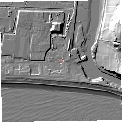 Shaded relief map of the ground around EX122NH, computed from Environment Agency LiDAR. The ground here sits at about 3 m above sea level and falls 44 m across the surrounding 800 m. Surface water reaching this point runs off ground lying to the west-south-west, 4.2 m higher.