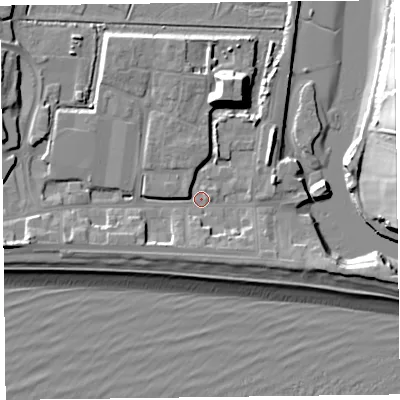 Shaded relief map of the ground around EX122NJ, computed from Environment Agency LiDAR. The ground here sits at about 2 m above sea level and falls 19 m across the surrounding 800 m. Surface water reaching this point runs off ground lying to the west-south-west, 5.6 m higher.