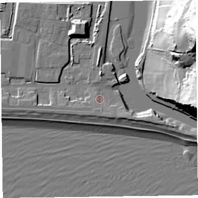 Shaded relief map of the ground around EX122NL, computed from Environment Agency LiDAR. The ground here sits at about 4 m above sea level and falls 69 m across the surrounding 800 m. Surface water reaching this point runs off ground lying to the south-south-east, 2.2 m higher.