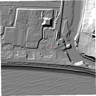 Shaded relief map of the ground around EX122NQ, computed from Environment Agency LiDAR. The ground here sits at about 3 m above sea level and falls 39 m across the surrounding 800 m. Surface water reaching this point runs off ground lying to the west-south-west, 4.5 m higher.
