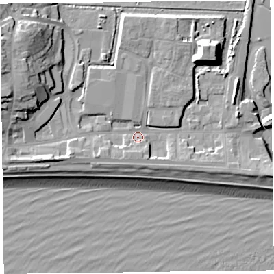 Shaded relief map of the ground around EX122NS, computed from Environment Agency LiDAR. The ground here sits at about 3 m above sea level and falls 17 m across the surrounding 800 m. Surface water reaching this point runs off ground lying to the west-south-west, 5.4 m higher.