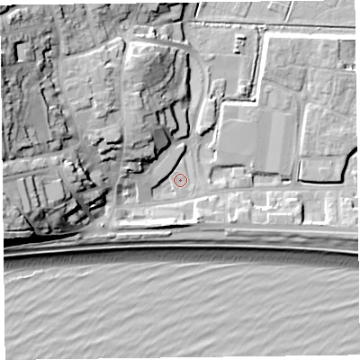 Shaded relief map of the ground around EX122PB, computed from Environment Agency LiDAR. The ground here sits at about 3 m above sea level and falls 30 m across the surrounding 800 m. Surface water reaching this point runs off ground lying to the west-north-west, 22.8 m higher.