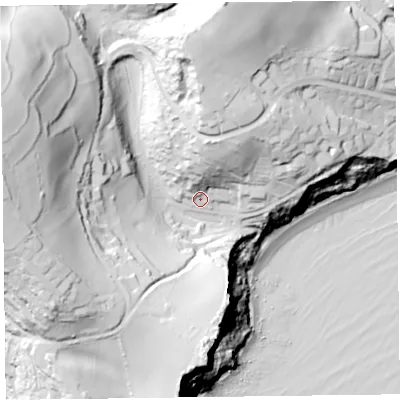 Shaded relief map of the ground around EX122PX, computed from Environment Agency LiDAR. The ground here sits at about 31 m above sea level and falls 102 m across the surrounding 800 m. Surface water reaching this point runs off ground lying to the west, 69.9 m higher.