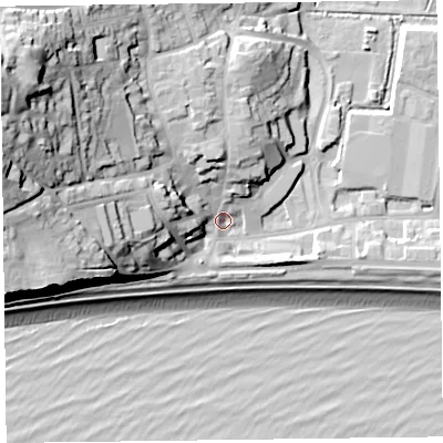 Shaded relief map of the ground around EX122QJ, computed from Environment Agency LiDAR. The ground here sits at about 5 m above sea level and falls 43 m across the surrounding 800 m. Surface water reaching this point runs off ground lying to the west-north-west, 36.3 m higher.