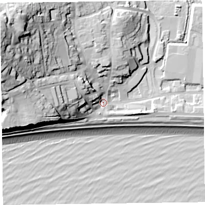 Shaded relief map of the ground around EX122QN, computed from Environment Agency LiDAR. The ground here sits at about 5 m above sea level and falls 45 m across the surrounding 800 m. Surface water reaching this point runs off ground lying to the north-west, 38.0 m higher.