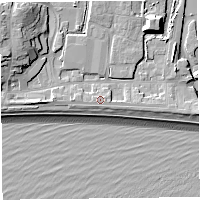 Shaded relief map of the ground around EX122TZ, computed from Environment Agency LiDAR. The ground here sits at about 6 m above sea level and falls 17 m across the surrounding 800 m. Surface water reaching this point runs off ground lying to the west, 1.0 m higher.