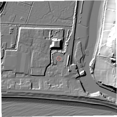Shaded relief map of the ground around EX122UE, computed from Environment Agency LiDAR. The ground here sits at about 3 m above sea level and falls 41 m across the surrounding 800 m. Surface water reaching this point runs off ground lying to the east, 4.2 m higher.