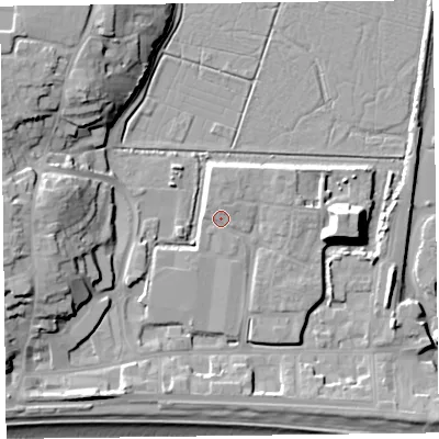 Shaded relief map of the ground around EX122US, computed from Environment Agency LiDAR. The ground here sits at about 4 m above sea level and falls 17 m across the surrounding 800 m. Surface water reaching this point runs off ground lying to the north, 1.8 m higher.