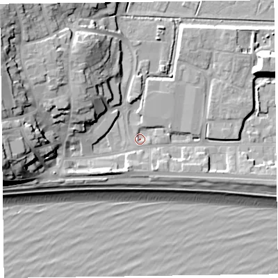 Shaded relief map of the ground around EX122WD, computed from Environment Agency LiDAR. The ground here sits at about 3 m above sea level and falls 23 m across the surrounding 800 m. Surface water reaching this point runs off ground lying to the west-south-west, 1.7 m higher.