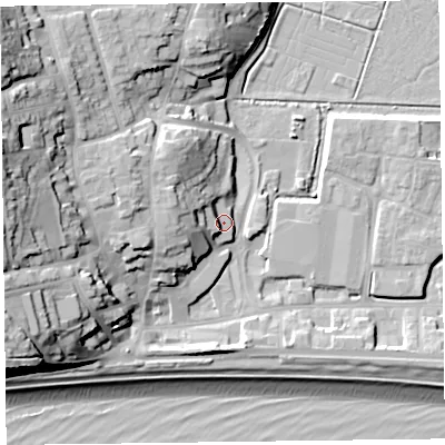 Shaded relief map of the ground around EX122WF, computed from Environment Agency LiDAR. The ground here sits at about 5 m above sea level and falls 30 m across the surrounding 800 m. Surface water reaching this point runs off ground lying to the west, 8.3 m higher.
