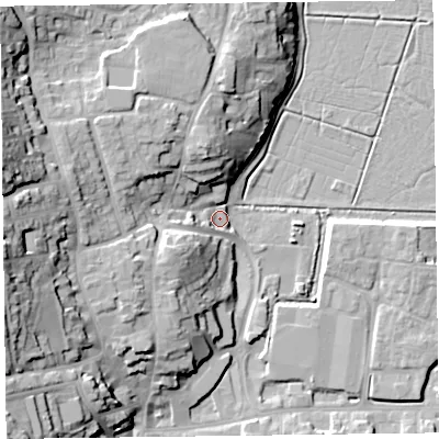 Shaded relief map of the ground around EX122WL, computed from Environment Agency LiDAR. The ground here sits at about 4 m above sea level and falls 28 m across the surrounding 800 m. Surface water reaching this point runs off ground lying to the west-north-west, 24.9 m higher.