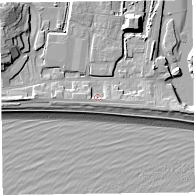 Shaded relief map of the ground around EX122XN, computed from Environment Agency LiDAR. The ground here sits at about 4 m above sea level and falls 16 m across the surrounding 800 m. Surface water reaching this point runs off ground lying to the west, 1.0 m higher.
