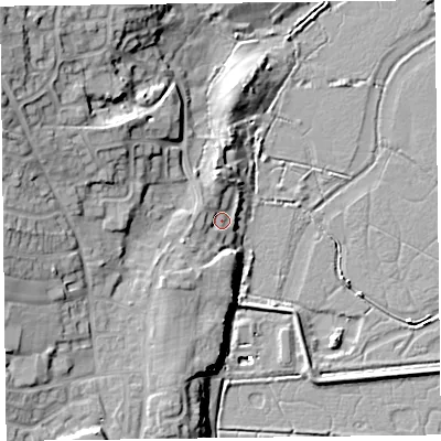 Shaded relief map of the ground around EX122XW, computed from Environment Agency LiDAR. The ground here sits at about 6 m above sea level and falls 24 m across the surrounding 800 m. Surface water reaching this point runs off ground lying to the west-south-west, 4.4 m higher.