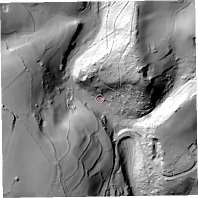 Shaded relief map of the ground around EX123AL, computed from Environment Agency LiDAR. The ground here sits at about 41 m above sea level and falls 85 m across the surrounding 800 m. Surface water reaching this point runs off ground lying to the west, 79.5 m higher.