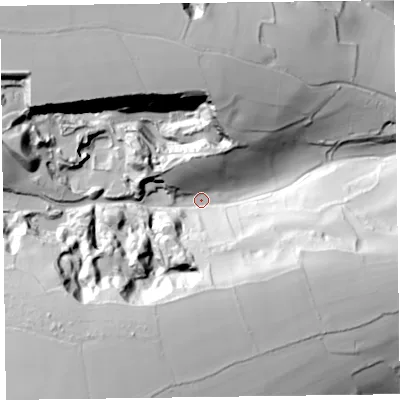 Shaded relief map of the ground around EX123AS, computed from Environment Agency LiDAR. The ground here sits at about 85 m above sea level and falls 81 m across the surrounding 800 m. Surface water reaching this point runs off ground lying to the south-west, 59.9 m higher.