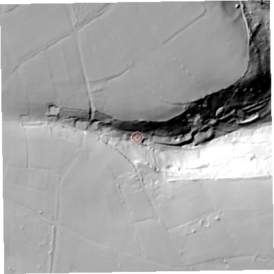 Shaded relief map of the ground around EX123BL, computed from Environment Agency LiDAR. The ground here sits at about 133 m above sea level and falls 75 m across the surrounding 800 m. Surface water reaching this point runs off ground lying to the north-west, 40.8 m higher.