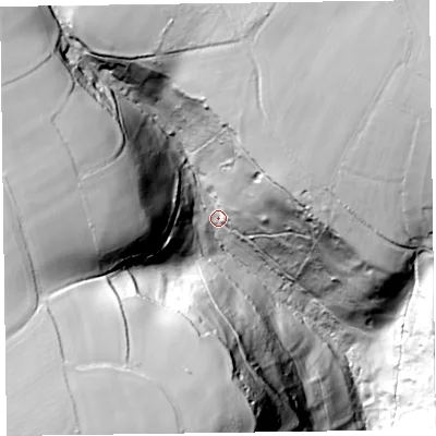 Shaded relief map of the ground around EX123BT, computed from Environment Agency LiDAR. The ground here sits at about 92 m above sea level and falls 87 m across the surrounding 800 m. Surface water reaching this point runs off ground lying to the north-north-east, 60.3 m higher.