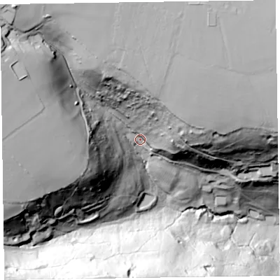 Shaded relief map of the ground around EX123BW, computed from Environment Agency LiDAR. The ground here sits at about 109 m above sea level and falls 94 m across the surrounding 800 m. Surface water reaching this point runs off ground lying to the north, 57.8 m higher.