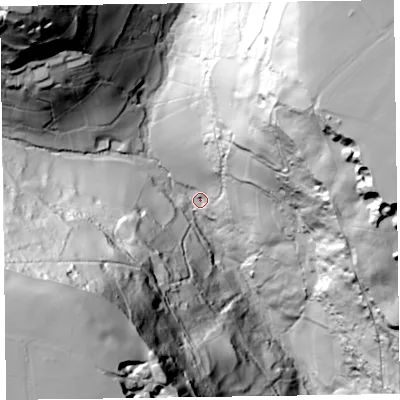 Shaded relief map of the ground around EX123BX, computed from Environment Agency LiDAR. The ground here sits at about 50 m above sea level and falls 114 m across the surrounding 800 m. Surface water reaching this point runs off ground lying to the south-west, 101.9 m higher.