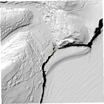 Shaded relief map of the ground around EX123BZ, computed from Environment Agency LiDAR. The ground here sits at about 21 m above sea level and falls 97 m across the surrounding 800 m. Surface water reaching this point runs off ground lying to the west-south-west, 90.4 m higher.
