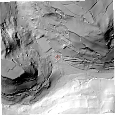 Shaded relief map of the ground around EX123DB, computed from Environment Agency LiDAR. The ground here sits at about 26 m above sea level and falls 108 m across the surrounding 800 m. Surface water reaching this point runs off ground lying to the west, 100.0 m higher.