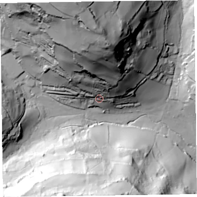 Shaded relief map of the ground around EX123DE, computed from Environment Agency LiDAR. The ground here sits at about 33 m above sea level and falls 102 m across the surrounding 800 m. Surface water reaching this point runs off ground lying to the north, 78.7 m higher.