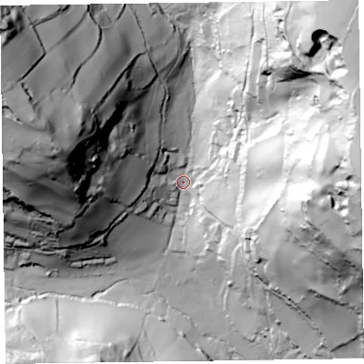 Shaded relief map of the ground around EX123DJ, computed from Environment Agency LiDAR. The ground here sits at about 24 m above sea level and falls 130 m across the surrounding 800 m. Surface water reaching this point runs off ground lying to the north-east, 118.5 m higher.