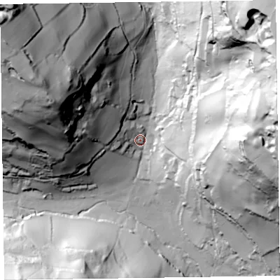 Shaded relief map of the ground around EX123DL, computed from Environment Agency LiDAR. The ground here sits at about 24 m above sea level and falls 130 m across the surrounding 800 m. Surface water reaching this point runs off ground lying to the north-east, 118.7 m higher.