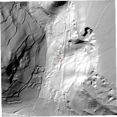 Shaded relief map of the ground around EX123DN, computed from Environment Agency LiDAR. The ground here sits at about 45 m above sea level and falls 130 m across the surrounding 800 m. Surface water reaching this point runs off ground lying to the east, 103.9 m higher.