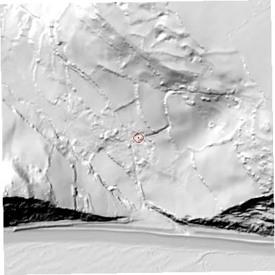 Shaded relief map of the ground around EX123DP, computed from Environment Agency LiDAR. The ground here sits at about 30 m above sea level and falls 148 m across the surrounding 800 m. Surface water reaching this point runs off ground lying to the north-north-east, 113.2 m higher.