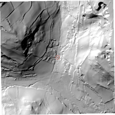 Shaded relief map of the ground around EX123DT, computed from Environment Agency LiDAR. The ground here sits at about 22 m above sea level and falls 131 m across the surrounding 800 m. Surface water reaching this point runs off ground lying to the north-east, 120.0 m higher.