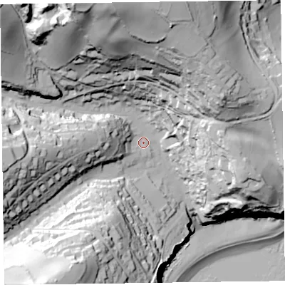 Shaded relief map of the ground around EX123DU, computed from Environment Agency LiDAR. The ground here sits at about 26 m above sea level and falls 109 m across the surrounding 800 m. Surface water reaching this point runs off ground lying to the north-north-west, 81.4 m higher.