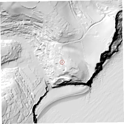 Shaded relief map of the ground around EX123ED, computed from Environment Agency LiDAR. The ground here sits at about 61 m above sea level and falls 103 m across the surrounding 800 m. Surface water reaching this point runs off ground lying to the east-south-east, 12.1 m higher.
