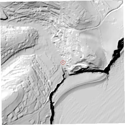 Shaded relief map of the ground around EX123EE, computed from Environment Agency LiDAR. The ground here sits at about 20 m above sea level and falls 97 m across the surrounding 800 m. Surface water reaching this point runs off ground lying to the north, 71.8 m higher.