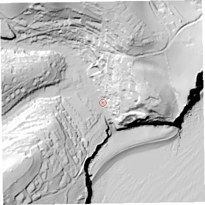 Shaded relief map of the ground around EX123EF, computed from Environment Agency LiDAR. The ground here sits at about 21 m above sea level and falls 98 m across the surrounding 800 m. Surface water reaching this point runs off ground lying to the north, 72.9 m higher.