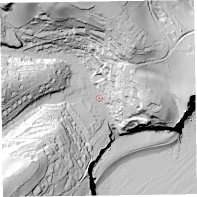 Shaded relief map of the ground around EX123EG, computed from Environment Agency LiDAR. The ground here sits at about 22 m above sea level and falls 101 m across the surrounding 800 m. Surface water reaching this point runs off ground lying to the north, 75.0 m higher.