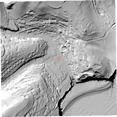 Shaded relief map of the ground around EX123EH, computed from Environment Agency LiDAR. The ground here sits at about 23 m above sea level and falls 105 m across the surrounding 800 m. Surface water reaching this point runs off ground lying to the north, 78.4 m higher.