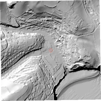 Shaded relief map of the ground around EX123EJ, computed from Environment Agency LiDAR. The ground here sits at about 24 m above sea level and falls 106 m across the surrounding 800 m. Surface water reaching this point runs off ground lying to the south-west, 80.4 m higher.