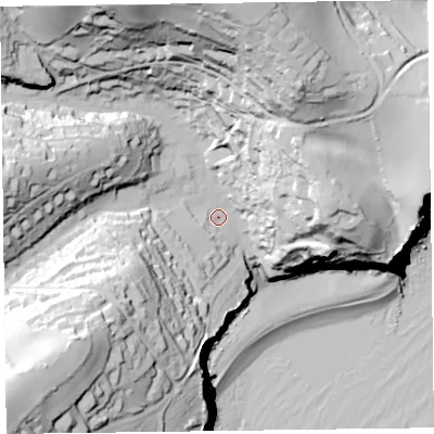 Shaded relief map of the ground around EX123EQ, computed from Environment Agency LiDAR. The ground here sits at about 22 m above sea level and falls 103 m across the surrounding 800 m. Surface water reaching this point runs off ground lying to the north, 72.6 m higher.