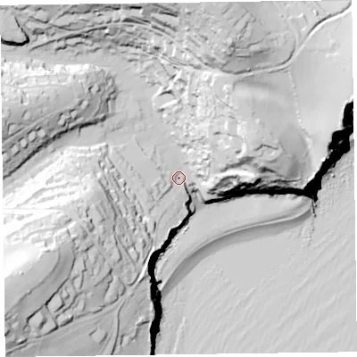 Shaded relief map of the ground around EX123ET, computed from Environment Agency LiDAR. The ground here sits at about 19 m above sea level and falls 98 m across the surrounding 800 m. Surface water reaching this point runs off ground lying to the west-south-west, 72.3 m higher.