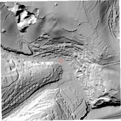 Shaded relief map of the ground around EX123HN, computed from Environment Agency LiDAR. The ground here sits at about 28 m above sea level and falls 115 m across the surrounding 800 m. Surface water reaching this point runs off ground lying to the north-north-west, 84.5 m higher.