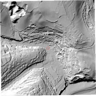 Shaded relief map of the ground around EX123HP, computed from Environment Agency LiDAR. The ground here sits at about 27 m above sea level and falls 115 m across the surrounding 800 m. Surface water reaching this point runs off ground lying to the north, 84.6 m higher.