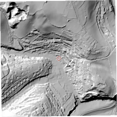 Shaded relief map of the ground around EX123JA, computed from Environment Agency LiDAR. The ground here sits at about 27 m above sea level and falls 115 m across the surrounding 800 m. Surface water reaching this point runs off ground lying to the north, 82.0 m higher.