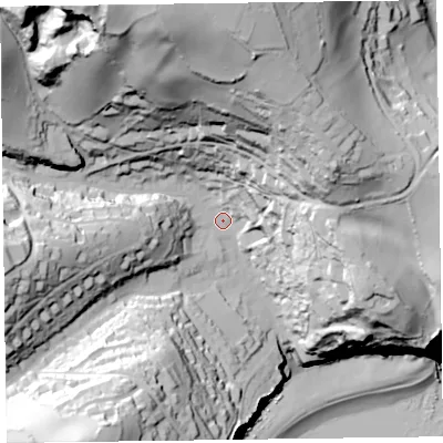 Shaded relief map of the ground around EX123JB, computed from Environment Agency LiDAR. The ground here sits at about 26 m above sea level and falls 112 m across the surrounding 800 m. Surface water reaching this point runs off ground lying to the north-north-west, 84.1 m higher.